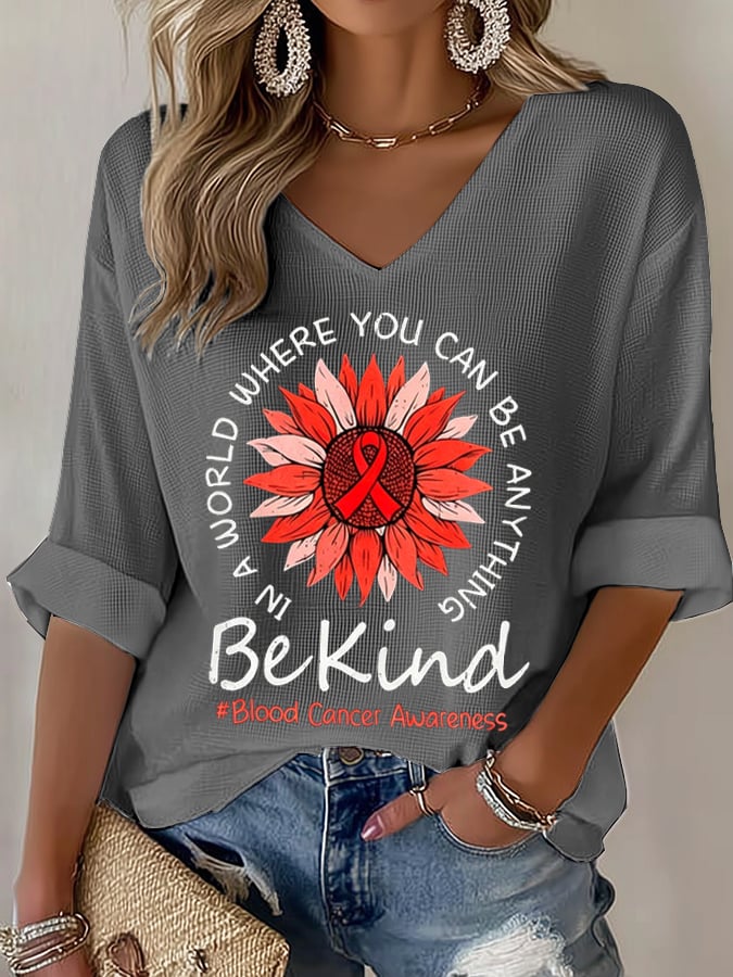 Women's Blood Cancer Red Ribbon Health Awareness Casual Printed Waffle Top