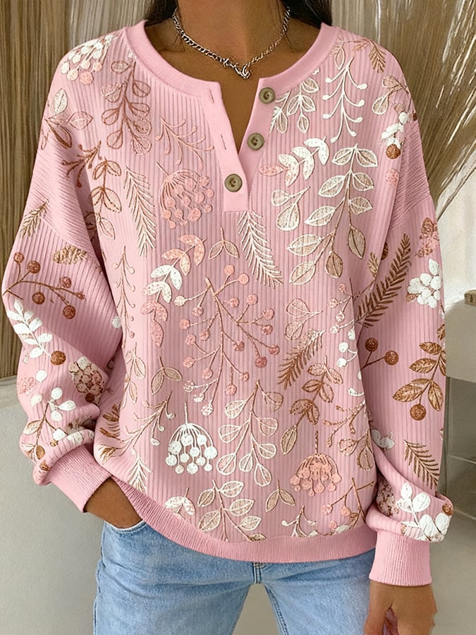 Women's Casual Retro Pink Floral Button Sweatshirt
