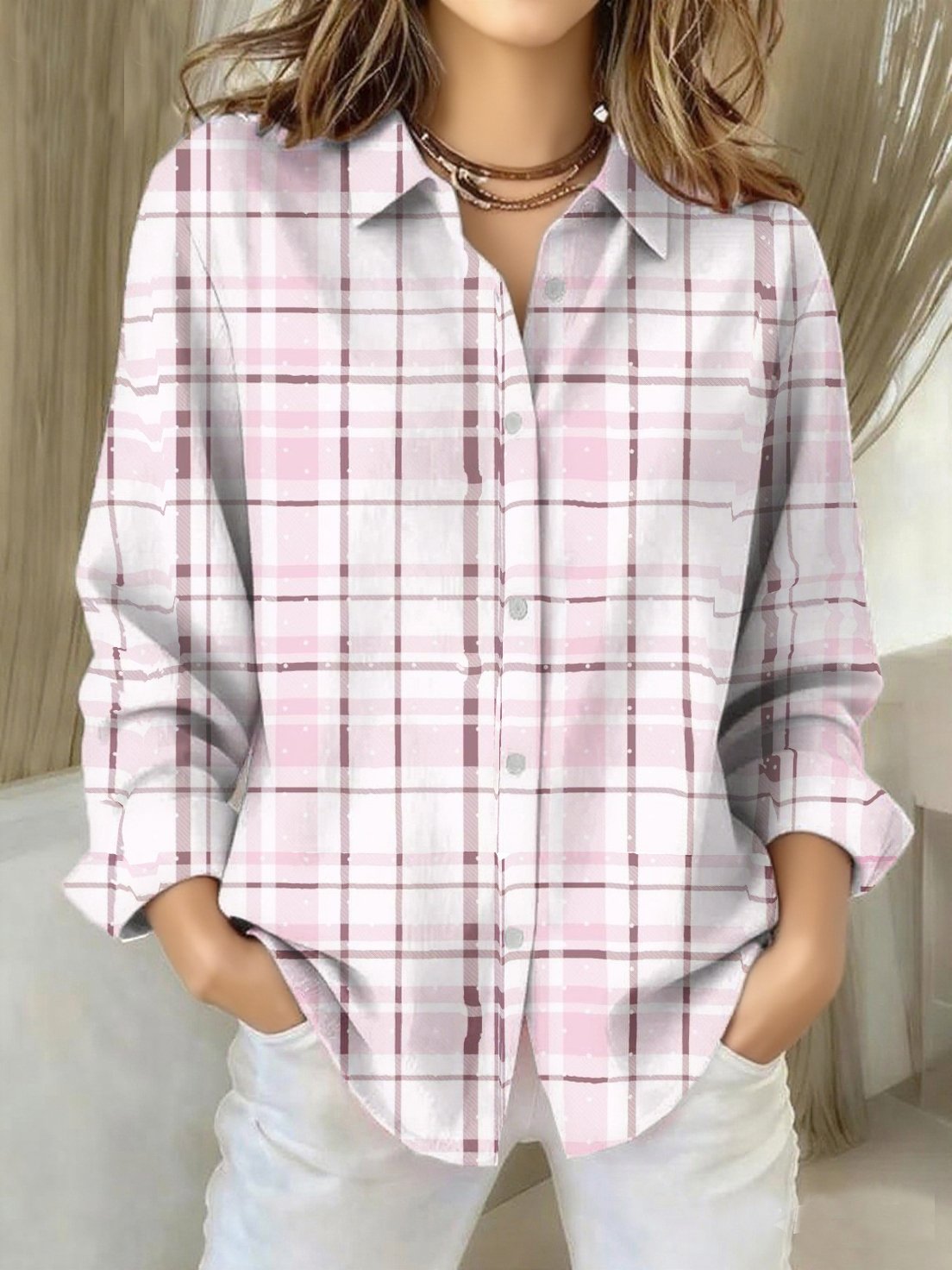 Women's Pink Plaid Print Casual Collar Shirt