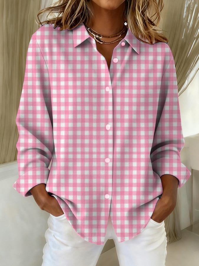 Women's Breast Cancer Pink Plaid Patchwork Print Linen Comfort Shirt