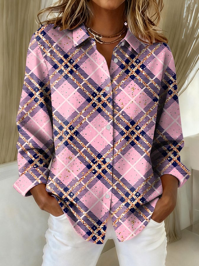 Women's Pink Plaid Print Casual Lapel Shirt