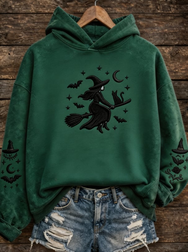 Flying Witch And Black Cat Halloween Aesthetic Hoodie