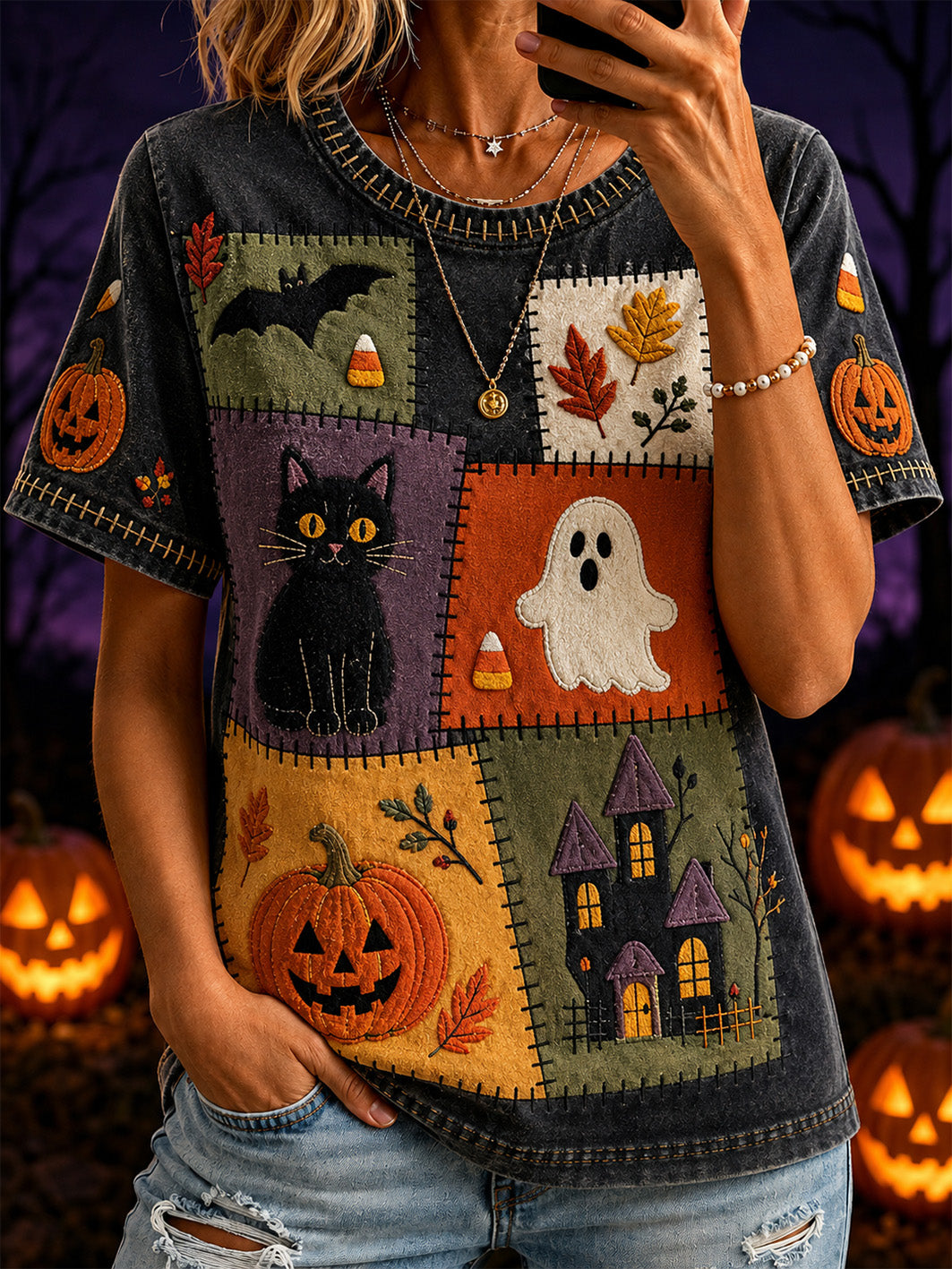 Women's Halloween Boo And Cat Pattern Printed Casual Short Sleeve T-Shirt