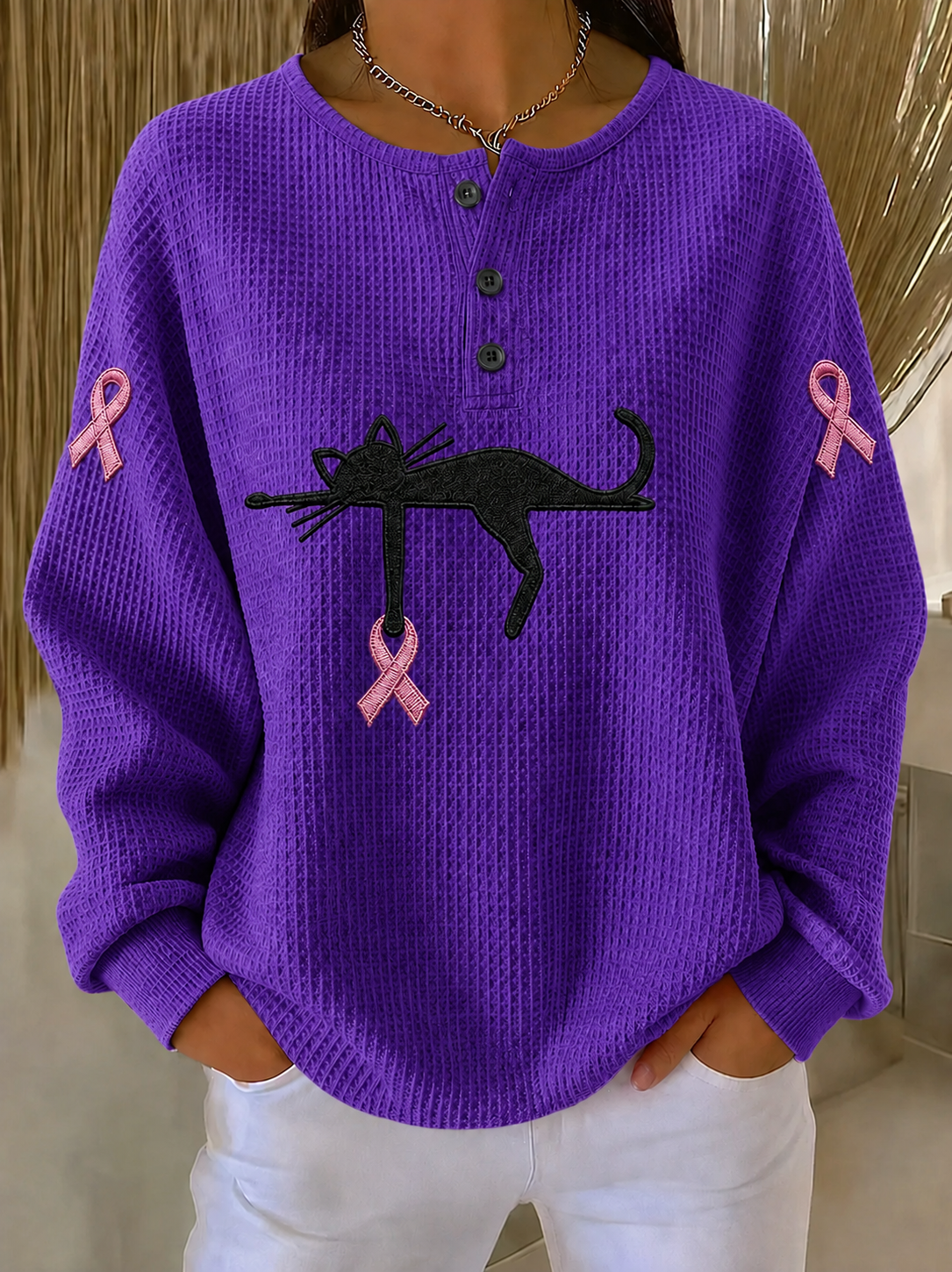 Women'S Pink Ribbon Cat Print Breast Cancer Awareness Casual Pattern Top