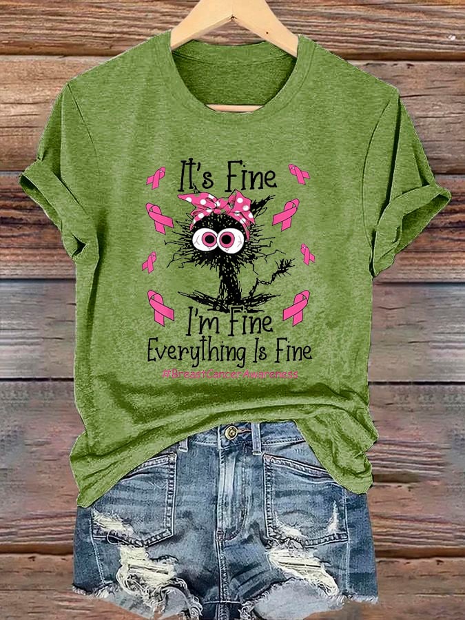 Women's Black Cat Pink Headband Breast Cancer Awareness T-shirt