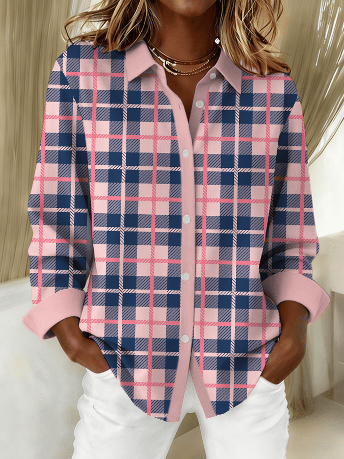 Women's Breast Cancer Pink Plaid Patchwork Print Linen Comfort Shirt