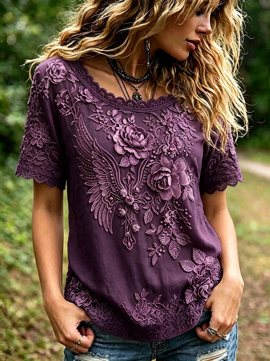 Women's Elegant Wings, Cross, Floral Cotton Linen Top