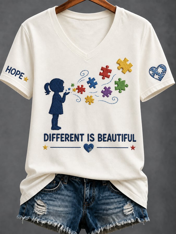 Women'S Casual V-Neck Top With Autism Awareness Print