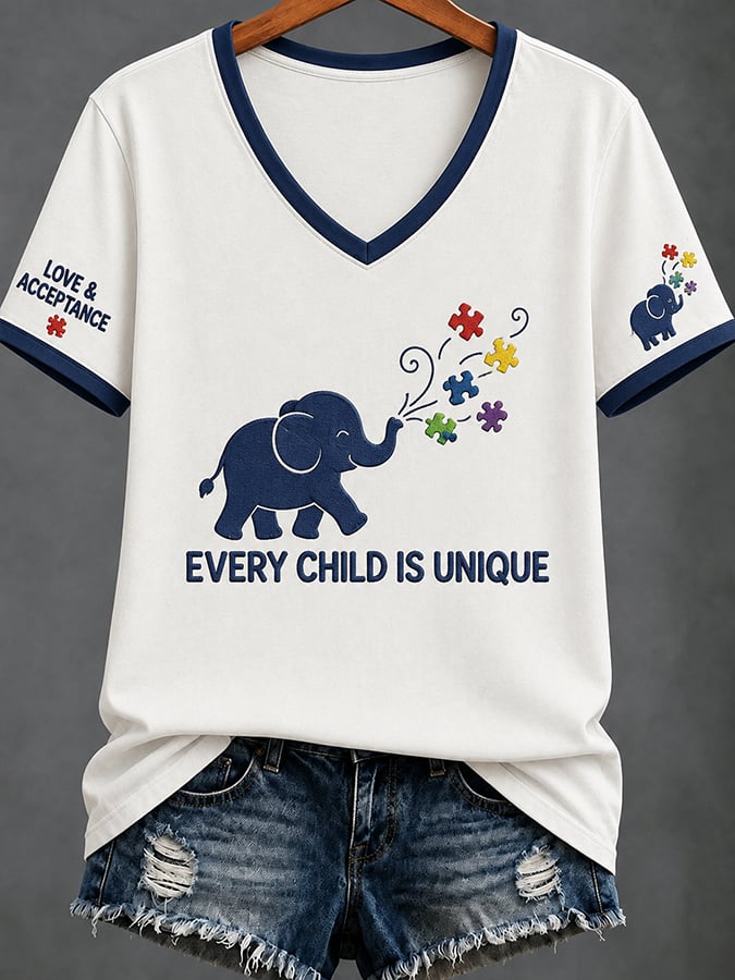 Women'S Casual V-Neck Top With Autism Awareness Print