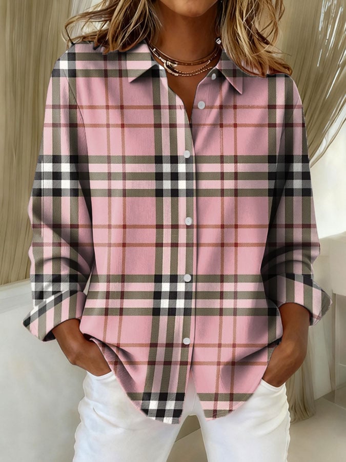 Women's Pink Plaid Print Casual Lapel Shirt