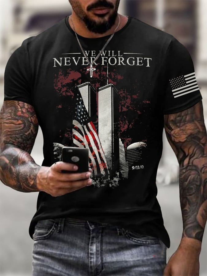 Men's Never Forget 9-11 Flag Print T-Shirt