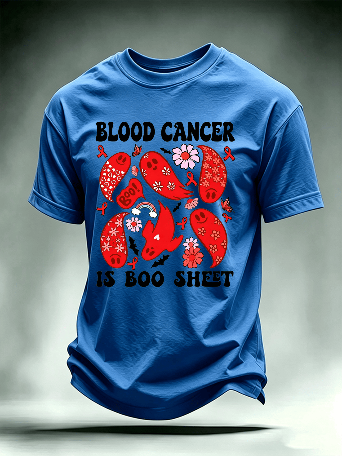Men's Blood Cancer Awareness Red Ribbon Cute Ghosts Halloween Support Artwork T-Shirt