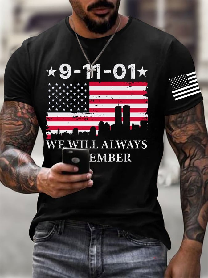 Men's Never Forget 9-11 Flag Print T-Shirt