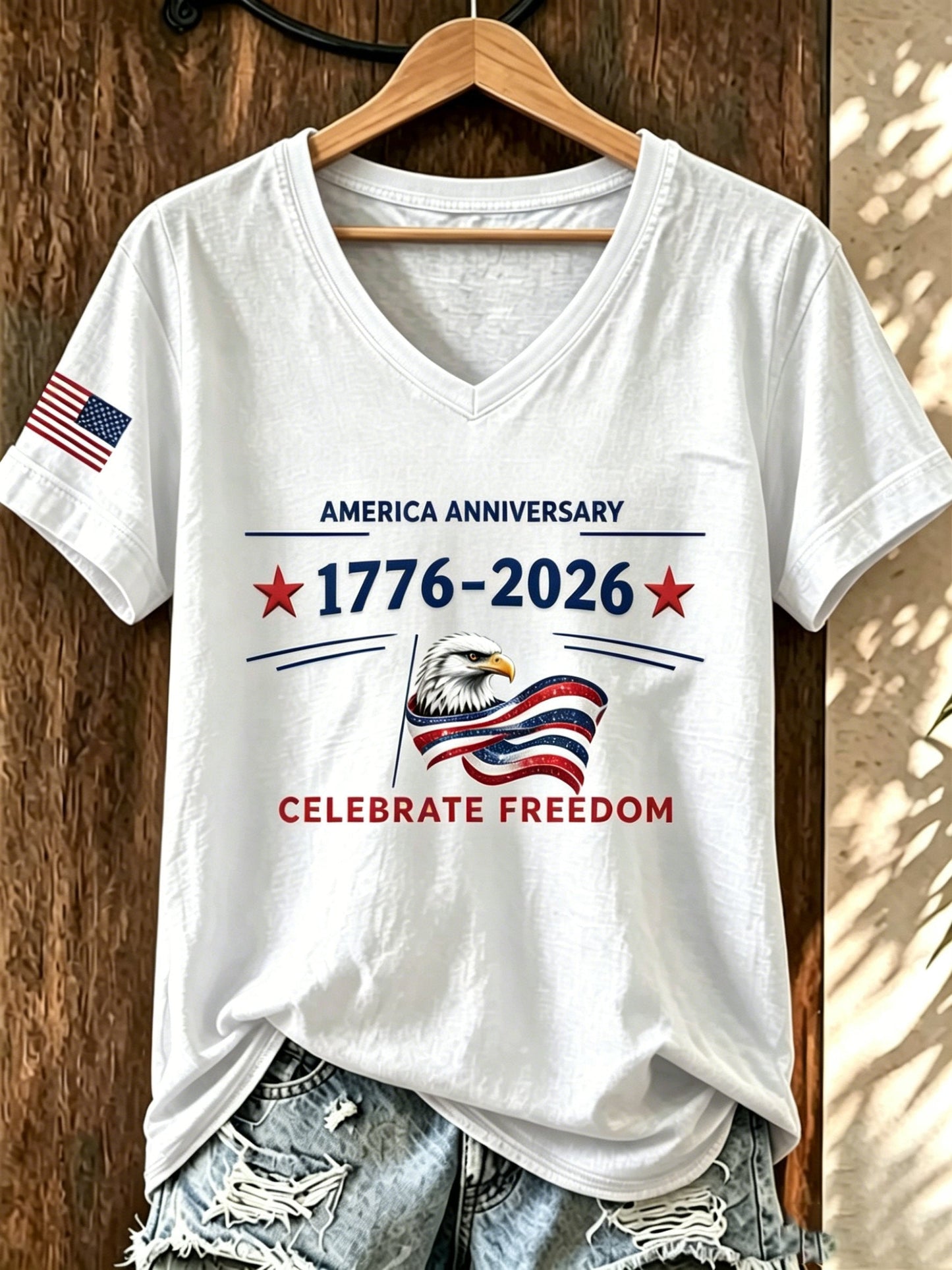 Women's American 250th Anniversary Print Casual V-Neck T-Shirt