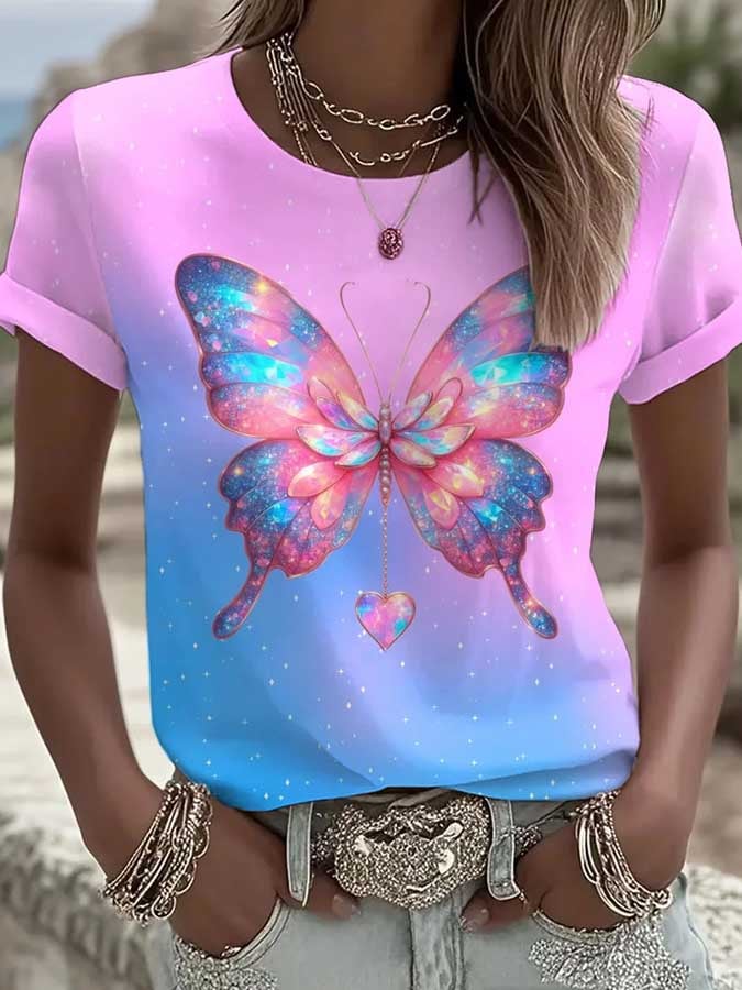 Women's Pink Butterfly Print Casual Short-Sleeved T-Shirt