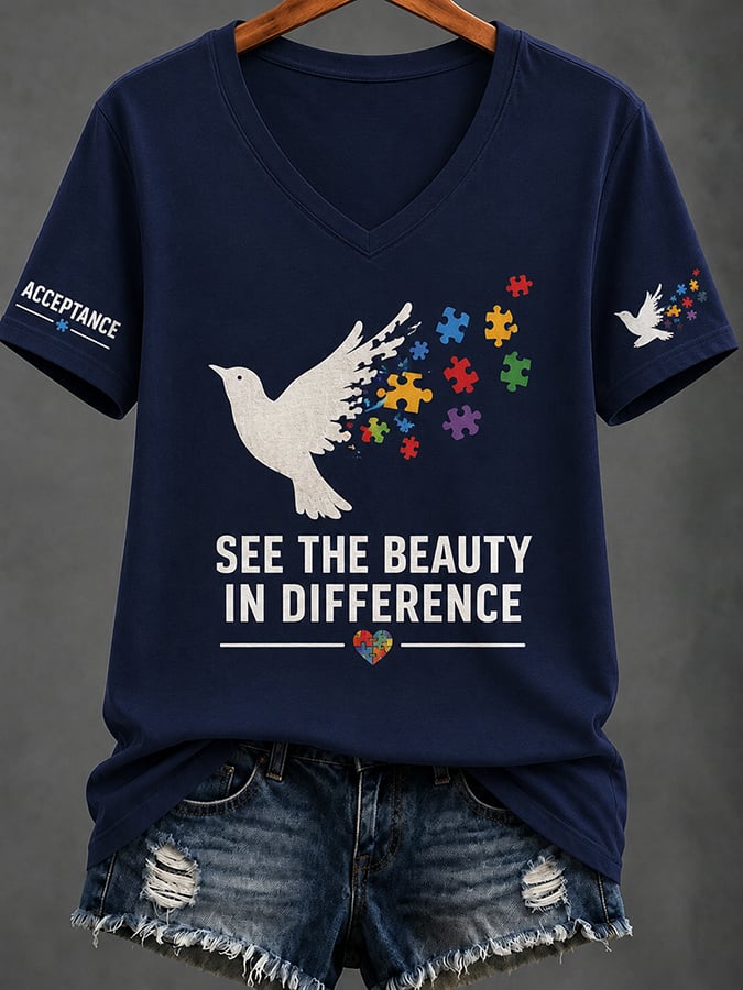 Women'S Casual V-Neck Top With Autism Awareness Print