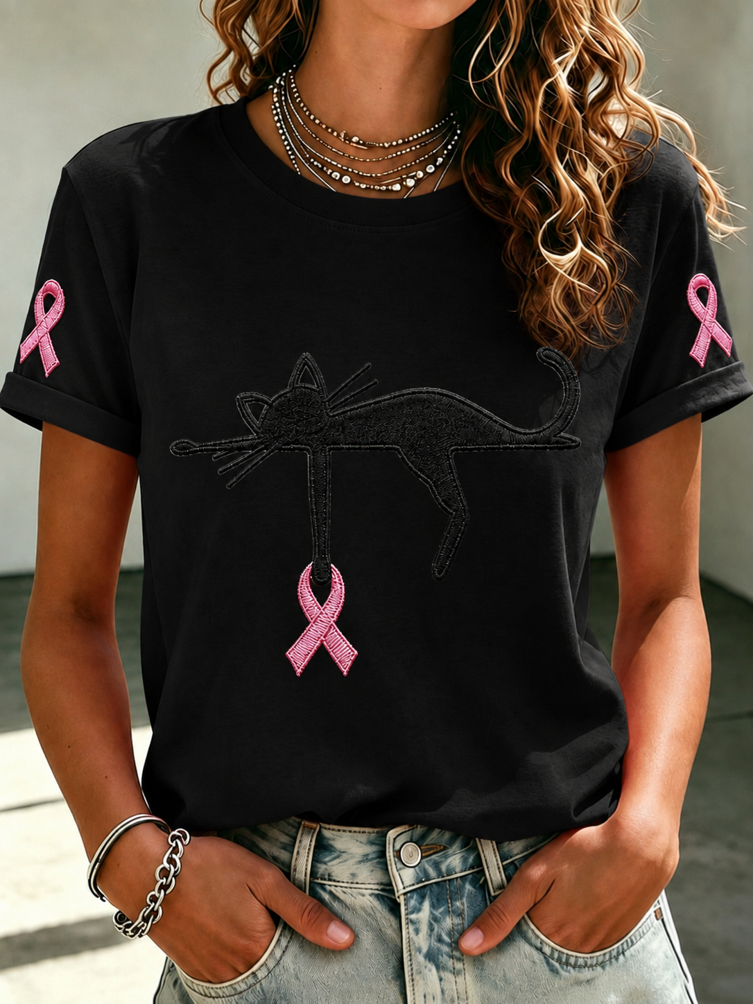 Women'S Pink Ribbon Cat Print Breast Cancer Awareness Short-Sleeved T-Shirt