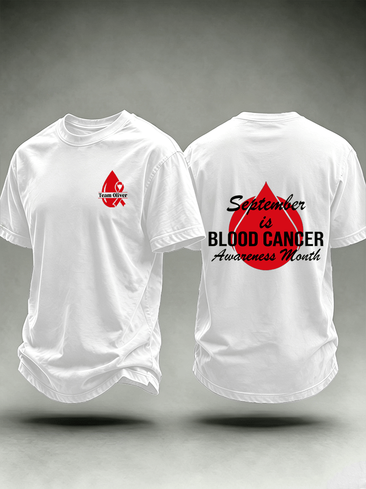 Men's T-shirts with designs promoting awareness of blood cancers
