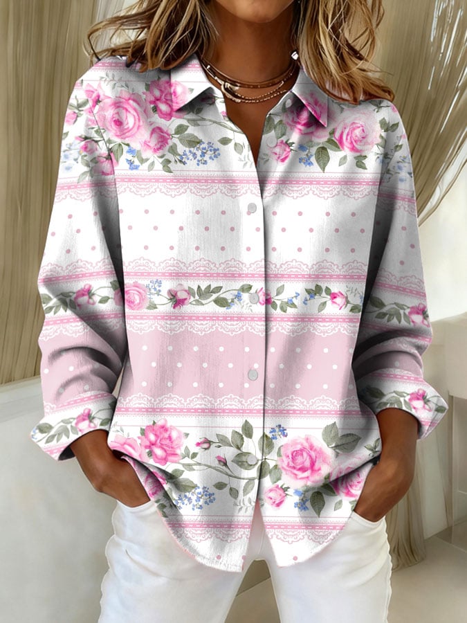 Women's Vintage Pink Striped Floral Print Casual Lapel Shirt