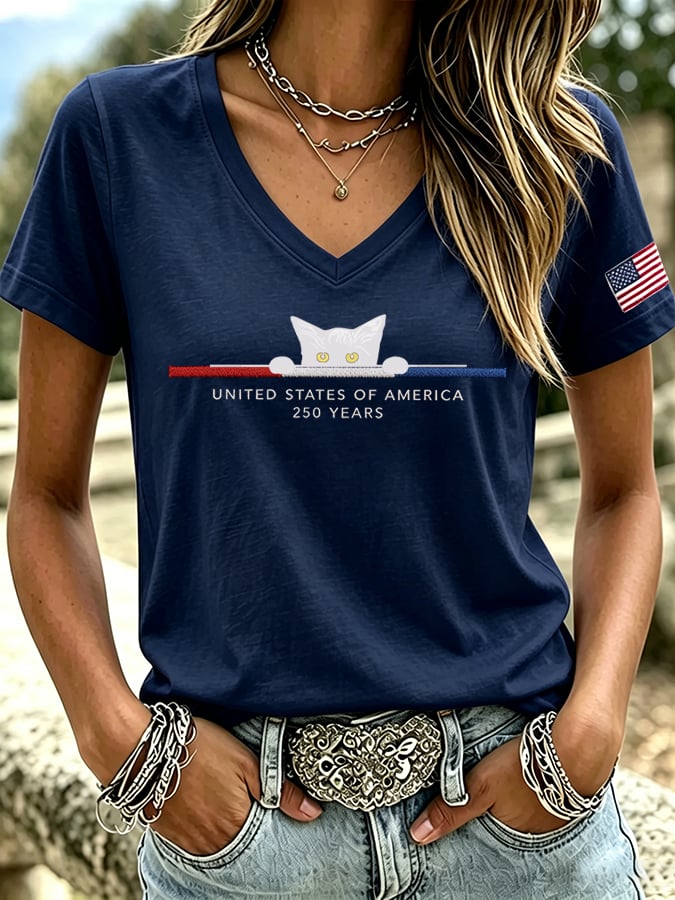 Women's UNITED STATES OF AMERICA 250 YEARS Cute Cat Print Casual Top