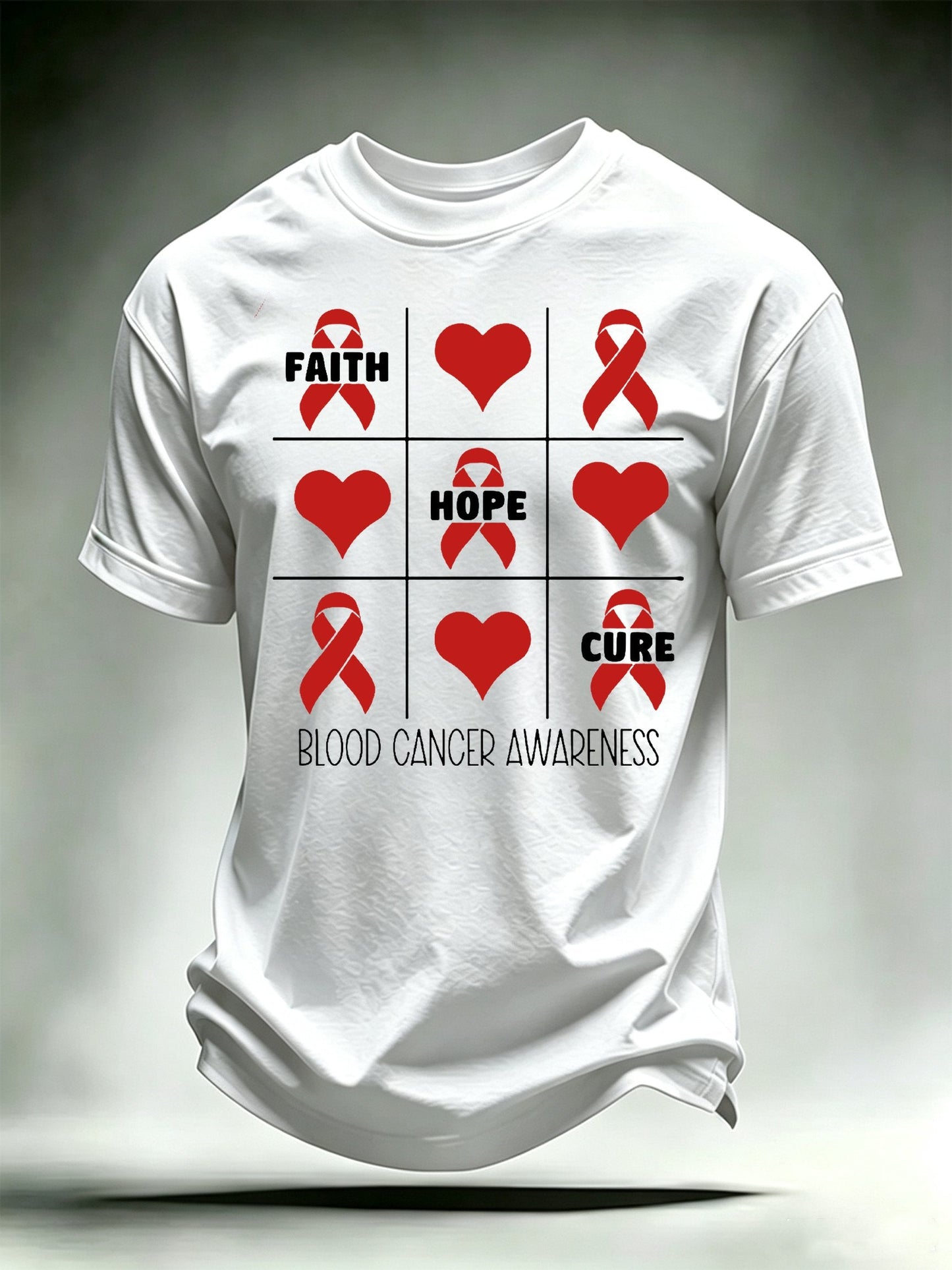 Men's T-shirts with designs promoting awareness of blood cancers