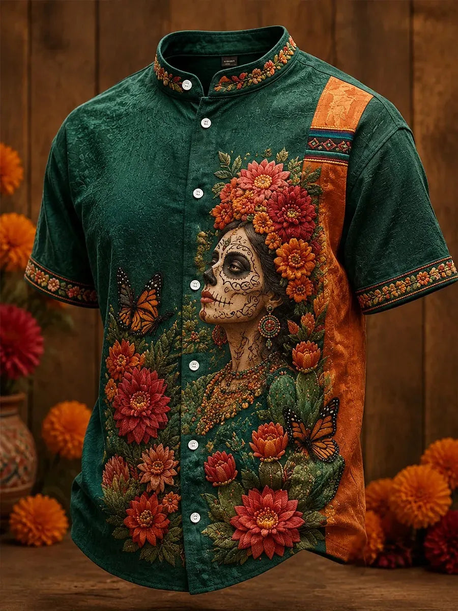 Men's Day Of The Dead Catrina Portrait With Monarch Butterflies And Dahlias Print Stand Collar Short Sleeve Shirt