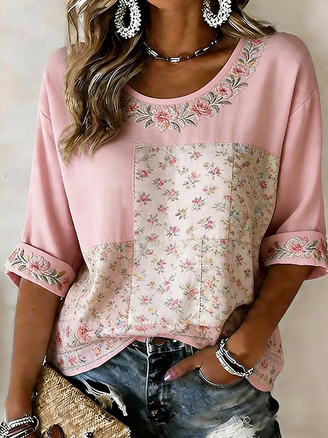 Women'S Casual Pink Floral Faux-Linen Print Top