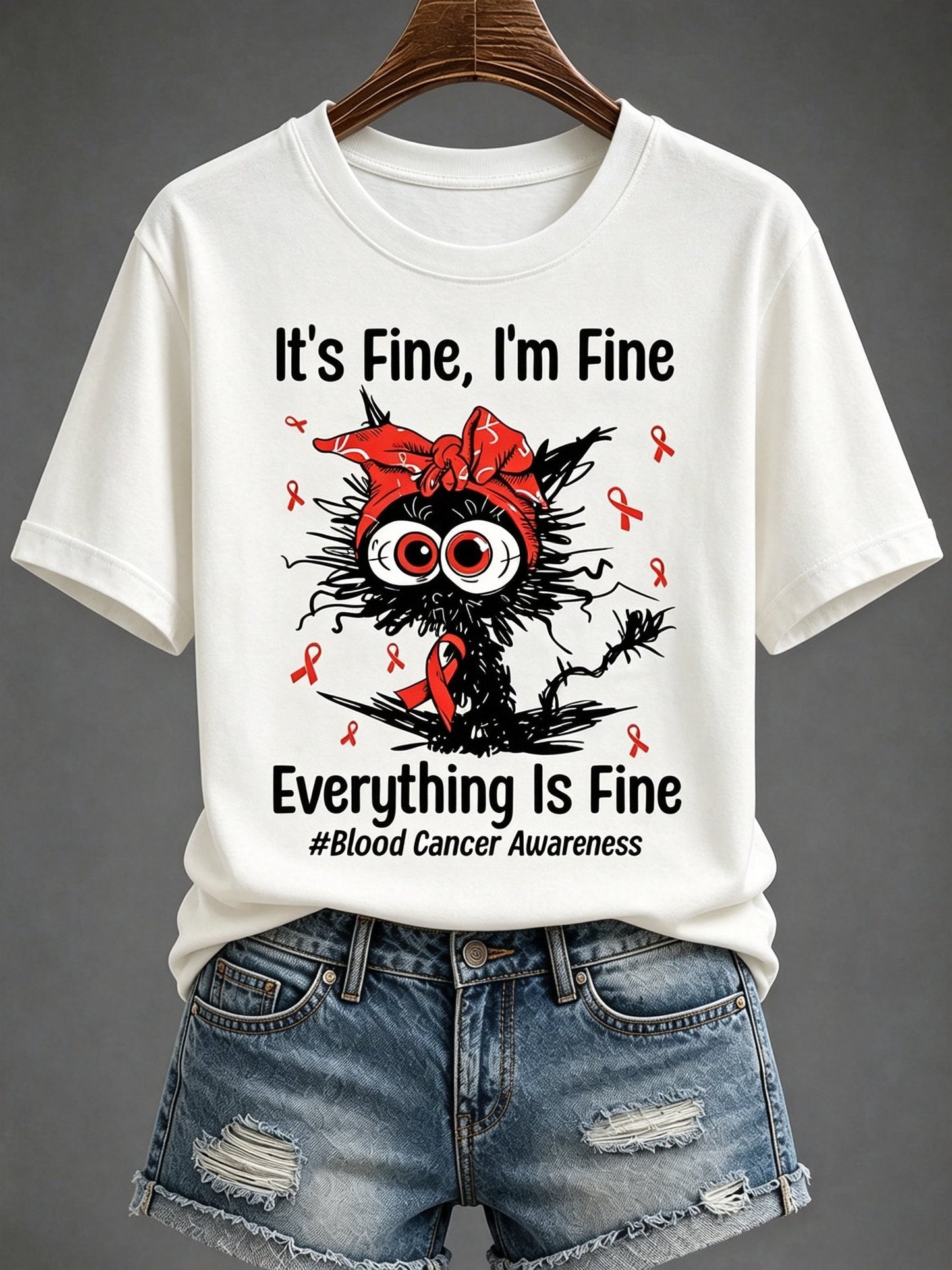 Women'S Blood Cancer Red Ribbon Health Awareness Round Neck T-Shirt