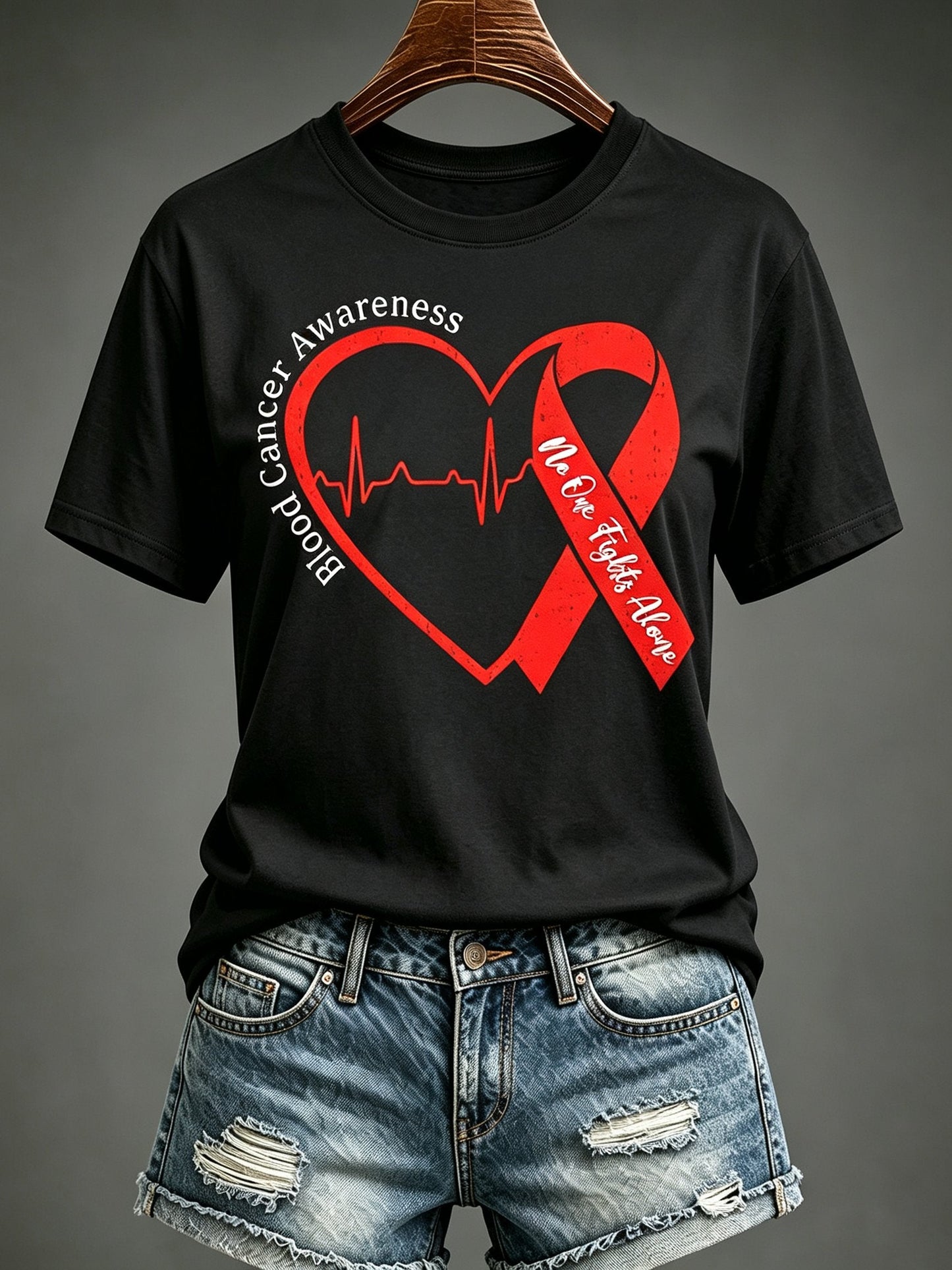 Women'S Blood Cancer Red Ribbon Health Awareness Round Neck T-Shirt