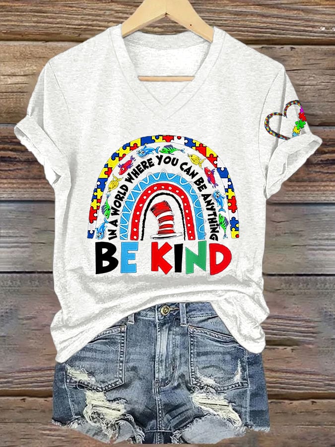 Women's In A World Where You Can Be Anything Be Kind Autism Awareness Printed V-Neck T-Shirt