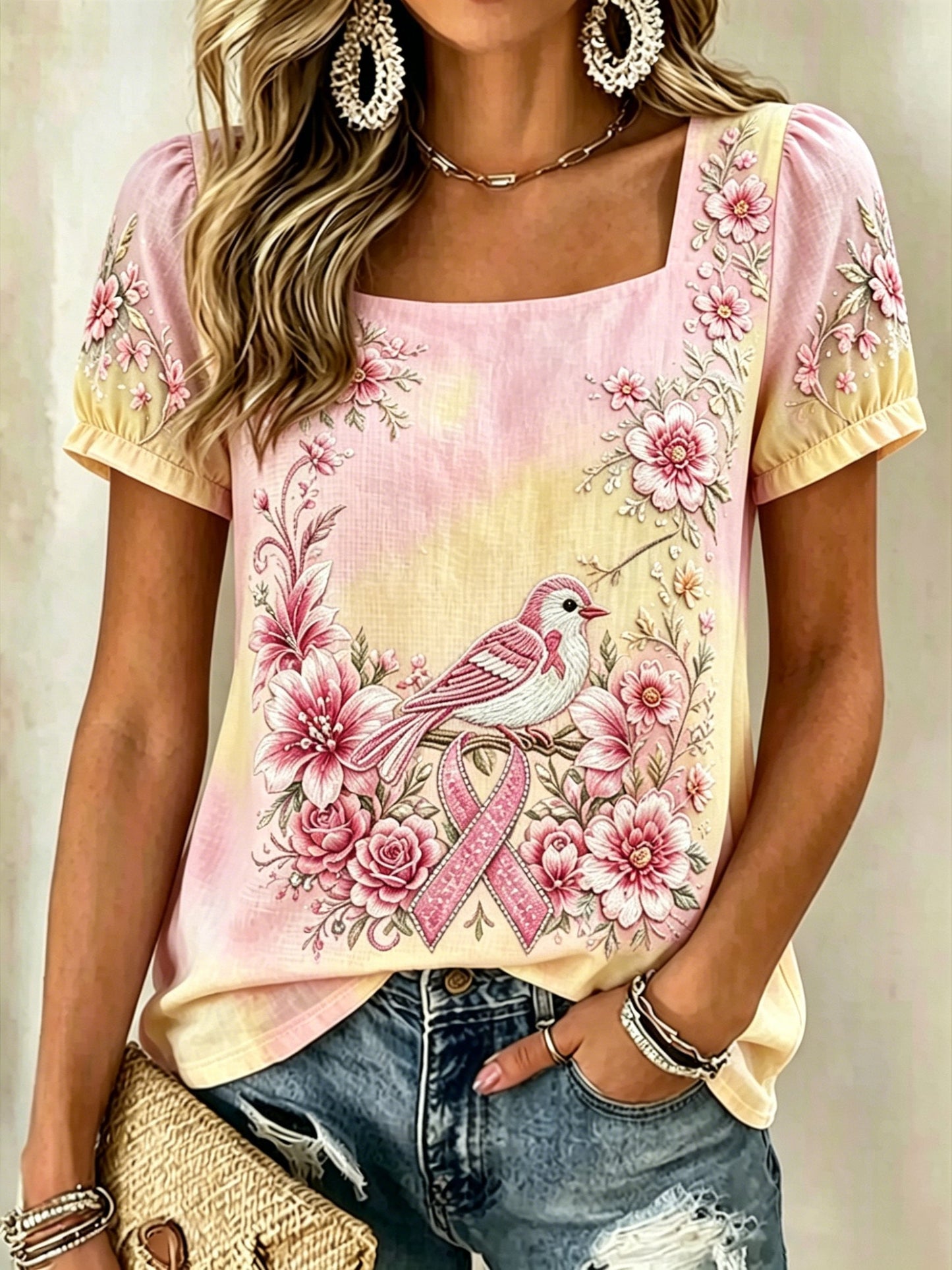 Women's Retro Pink Bird Flowers Art Print Top