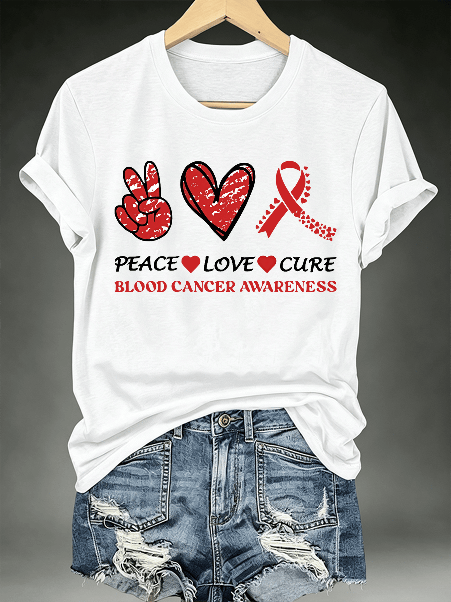 Women's T-shirts with designs promoting awareness of blood cancers