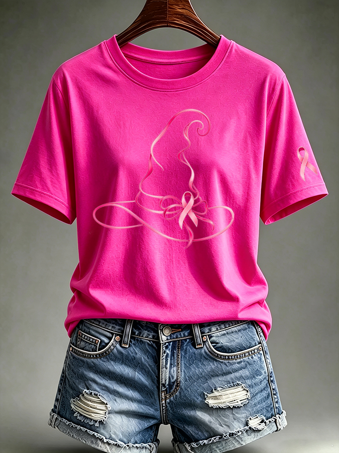 Women's Pink Witch Hat Printed Casual T-Shirt