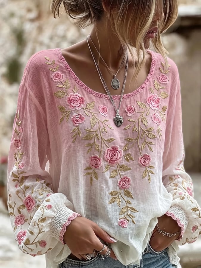 Women's Retro Breast Cancer Floral Print Long-Sleeved Top