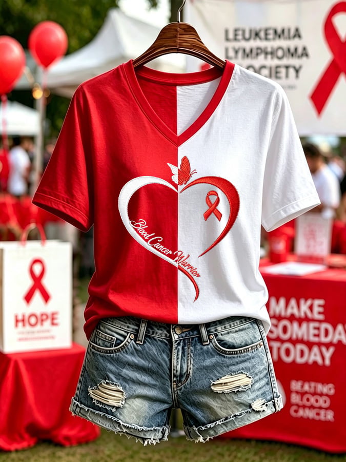 Women's Blood Cancer Awareness Red Ribbon Print T-Shirt