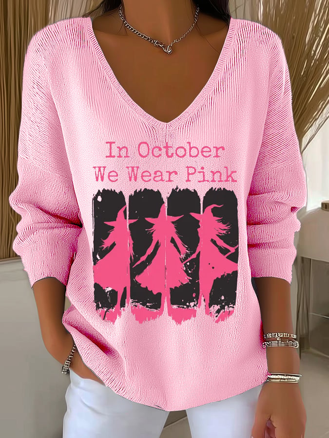 Women's In October We Wear Pink Striped Fabric Long Sleeve T-Shirt