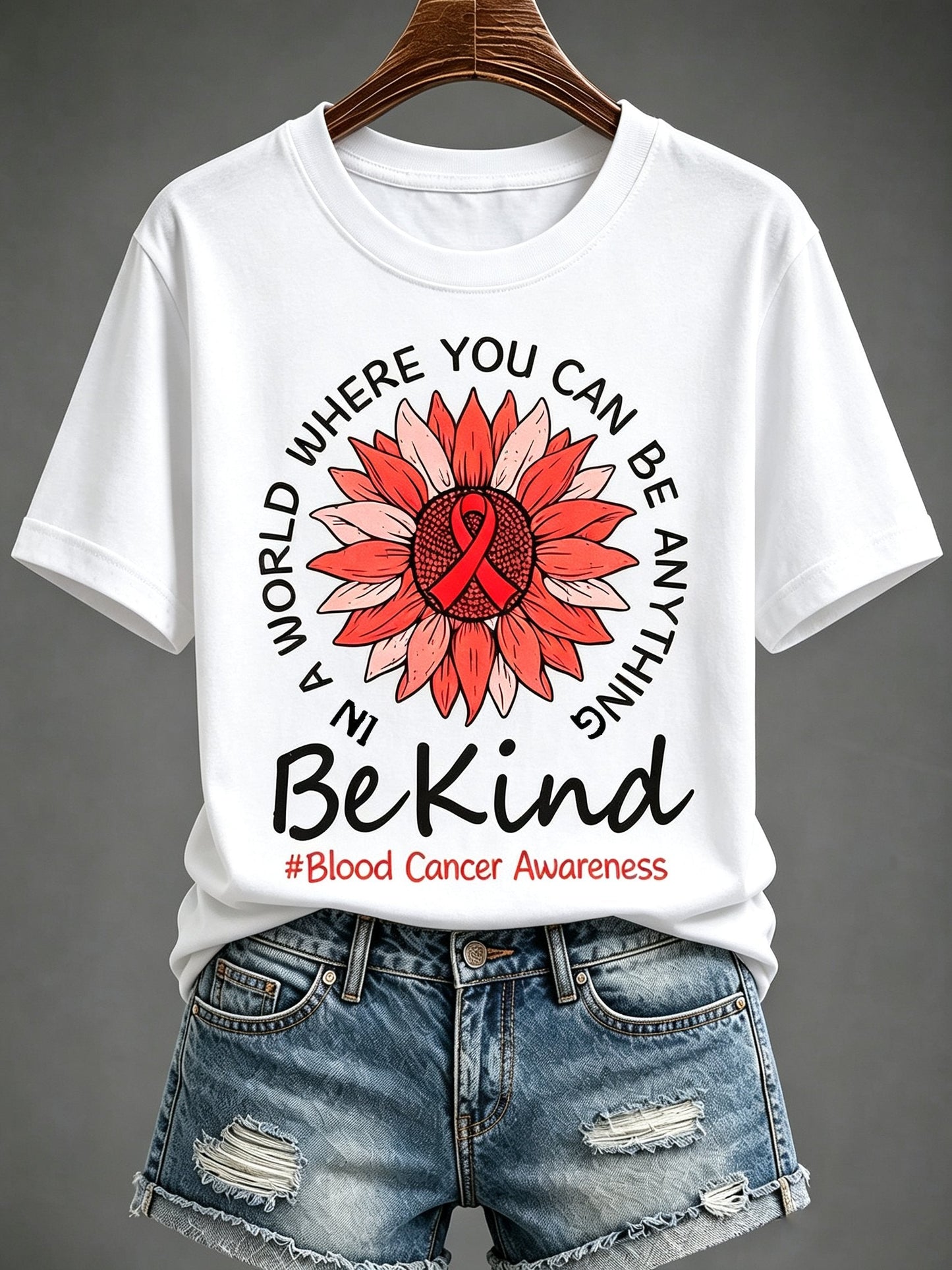 Women'S Blood Cancer Red Ribbon Health Awareness Round Neck T-Shirt