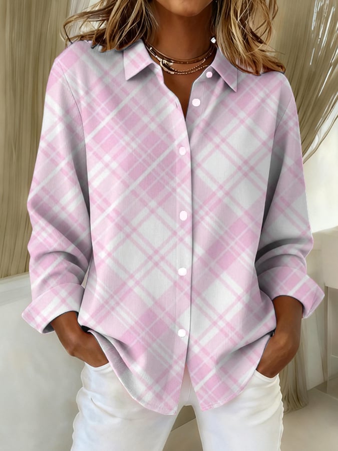 Women's Breast Cancer Pink Plaid Patchwork Print Linen Comfort Shirt