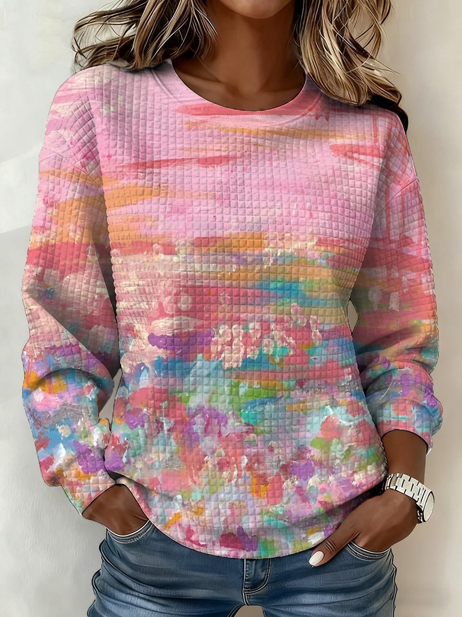 Women's casual pink oil painting gradient check sweatshirt