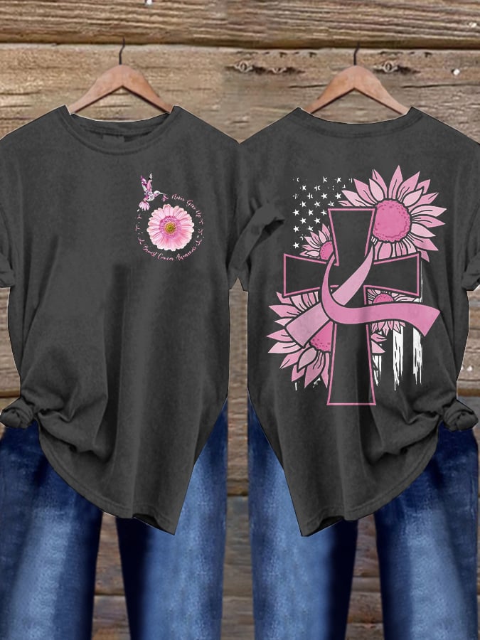 Women's Casual Breast Cancer Ribbon Cross American Flag Print Short Sleeve T-Shirt