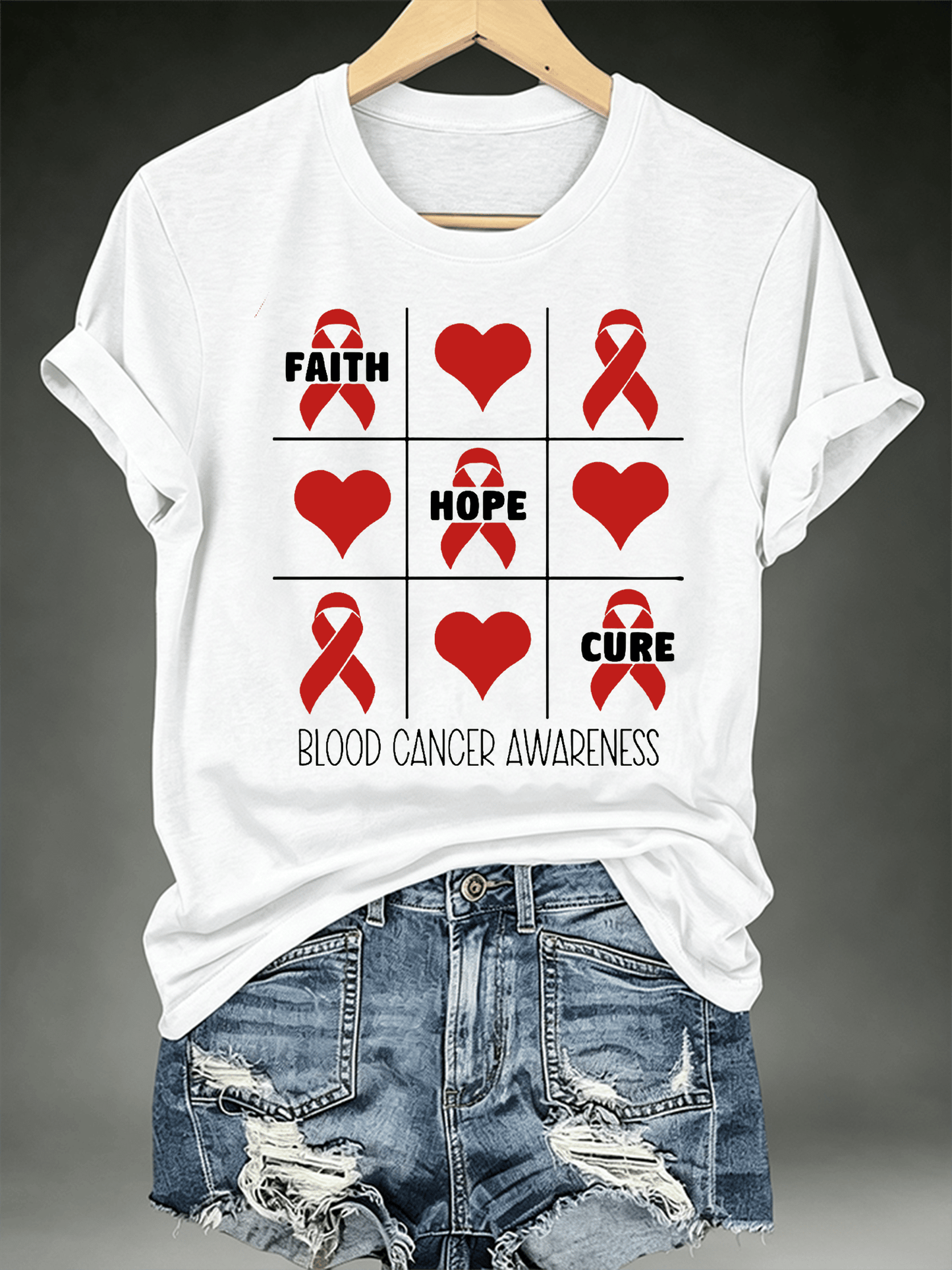 Women's T-shirts with designs promoting awareness of blood cancers