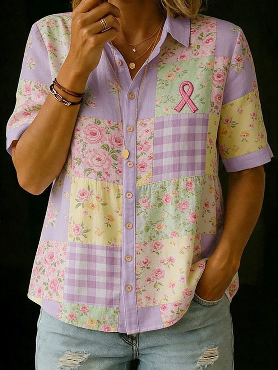 Women's Casual Floral Art Breast Cancer Awareness Print Shirt