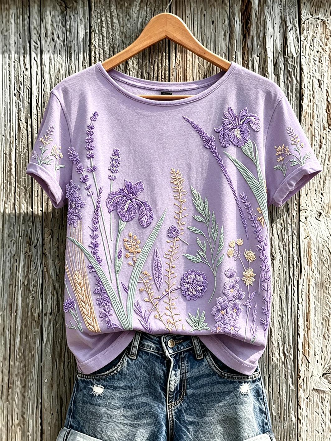 Women's purple plant flower pattern printed casual T-shirt