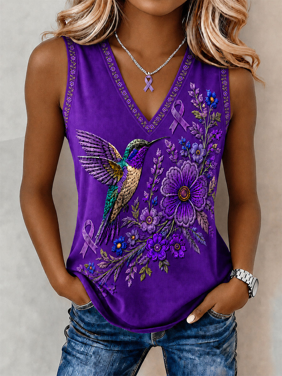 Women's Purple Floral & Hummingbird Print Alzheimer's Awareness Support V-Neck Vest