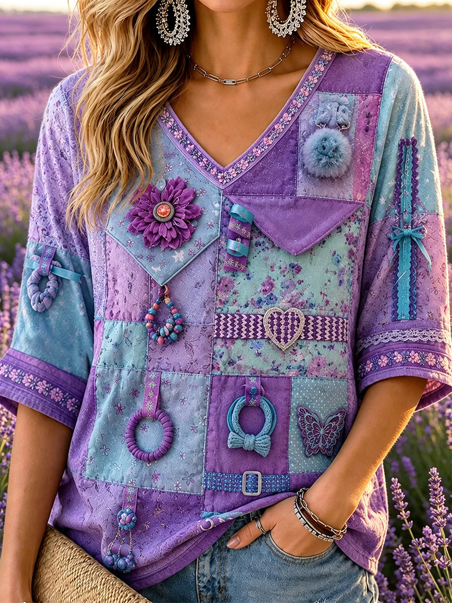 Women's Purple Patchwork Pattern Print Alzheimer's Awareness Support Mid-length Sleeves V-Neck T-Shirt
