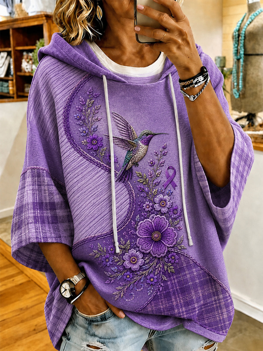Women's Purple Floral & Hummingbird Print Alzheimer's Awareness Support Short-Sleeve Hoodie