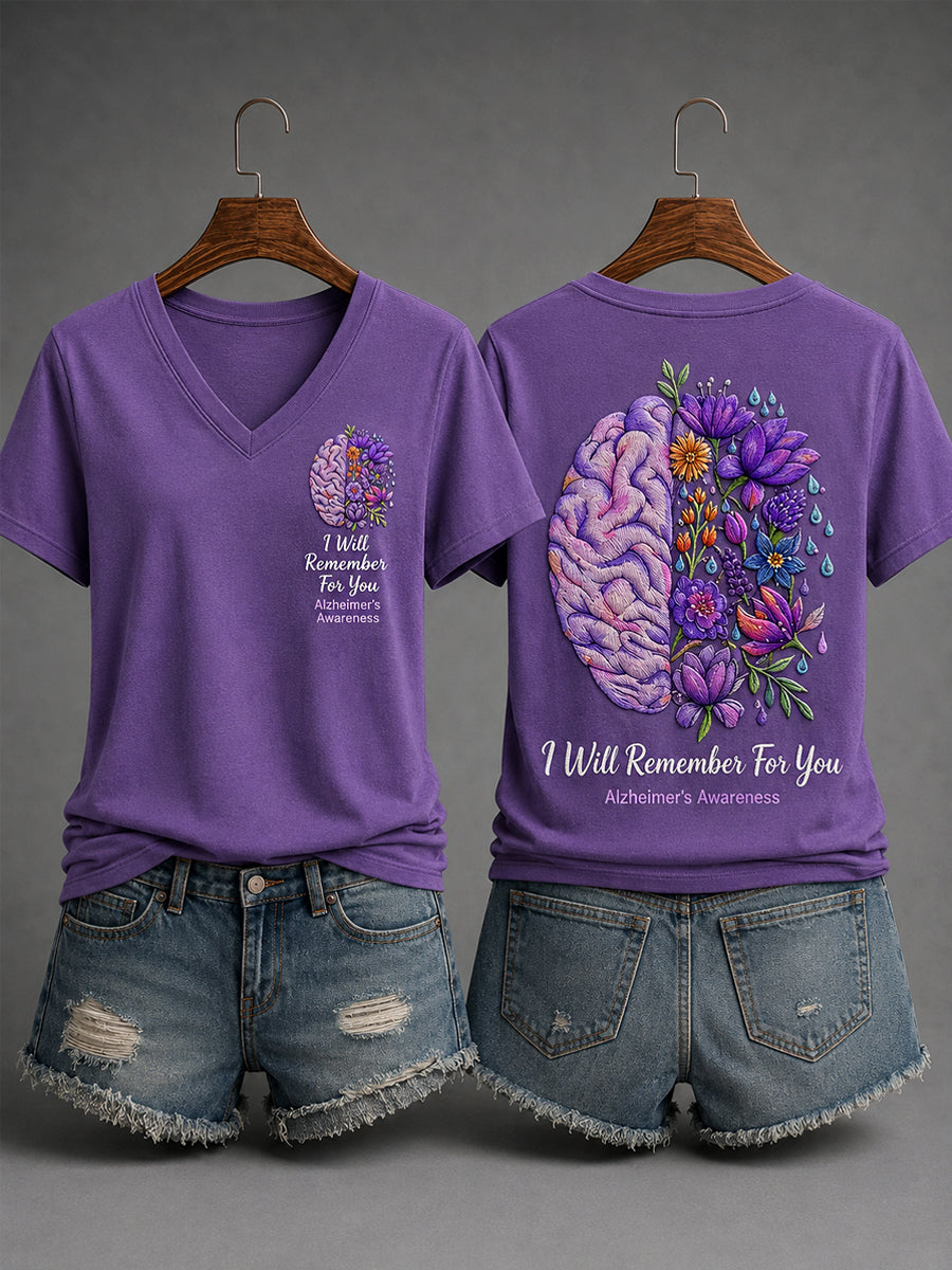 Women's Purple Ribbon I Will Remember For You Alzheimer's Awareness Support V-Neck Tee
