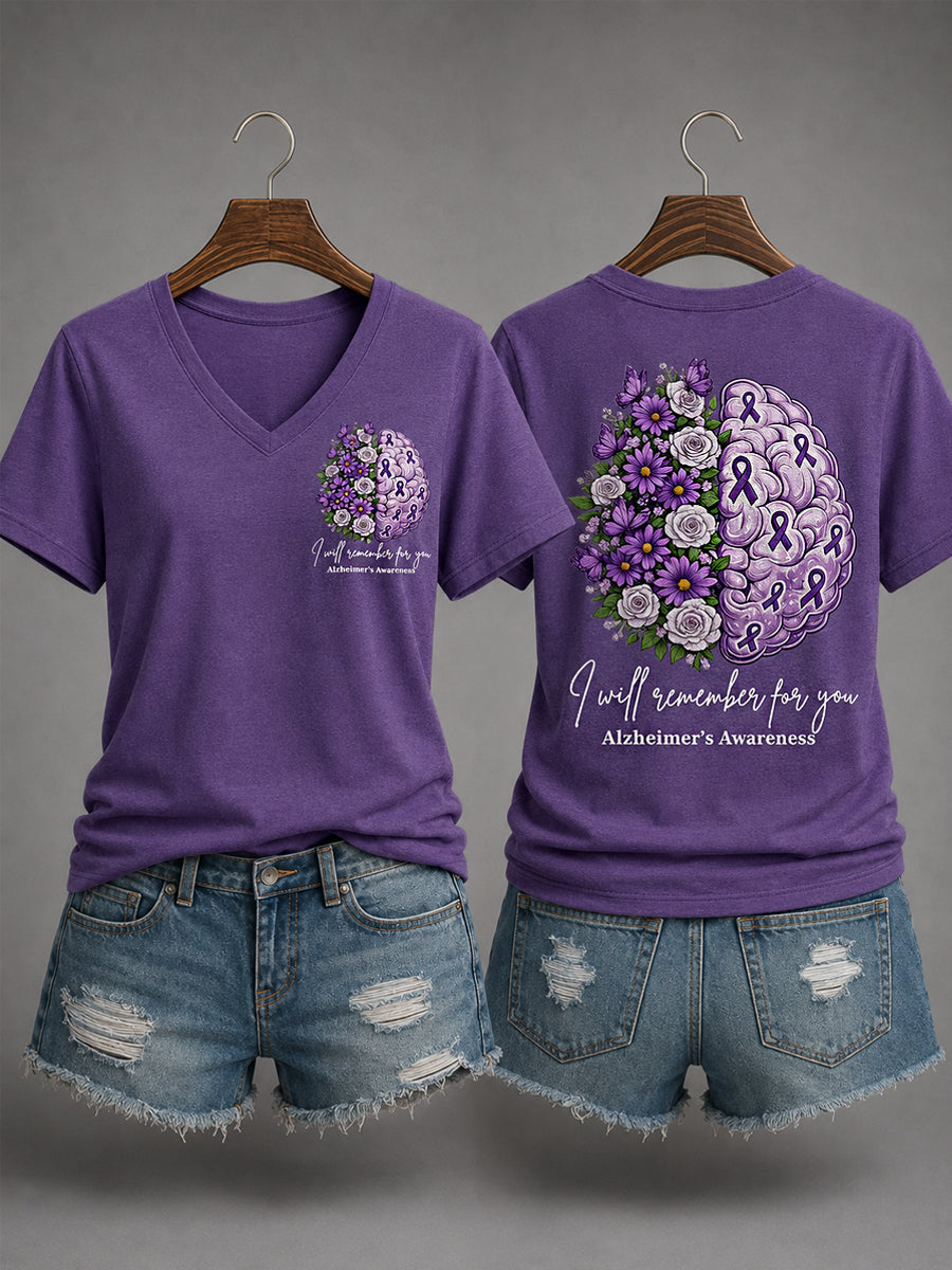 Women's Purple Ribbon I Will Remember For You Alzheimer's Awareness Support V-Neck Tee
