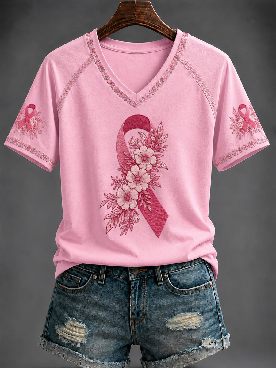 Women's Breast Cancer Pink Printed V-neck T-shirt