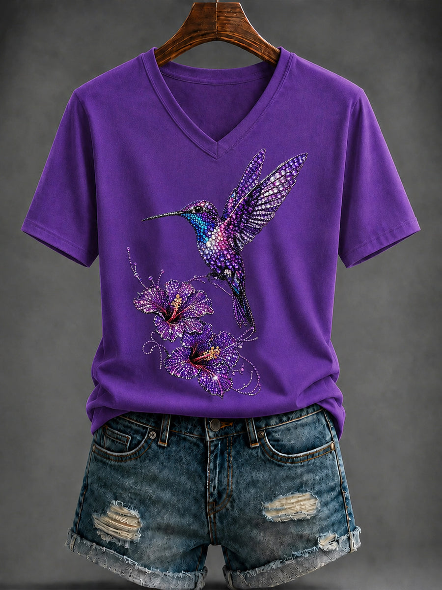 Women's Purple Art Printed V-neck T-shirt